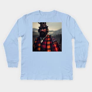 Scottish Highlander in Clan Tartan Kids Long Sleeve T-Shirt